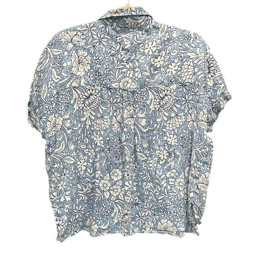 Rachel Ashwell Blue Floral Short Sleeve Button Down Boxy Linen Coastal Shirt - Picture 3 of 10